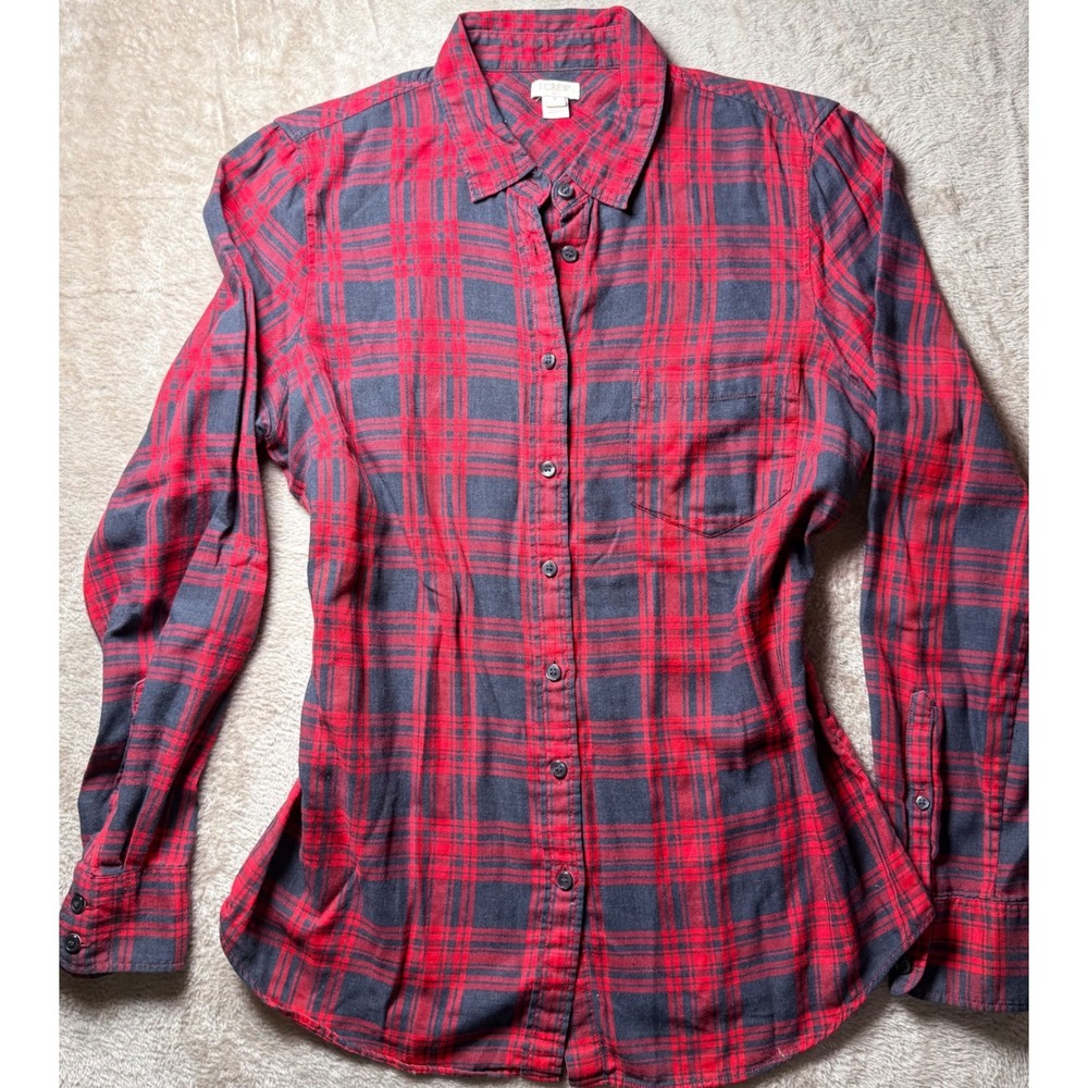 J. Crew Red Navy Blue Plaid Cotton Button‎ Down Shirt Women Med Classic Preppy